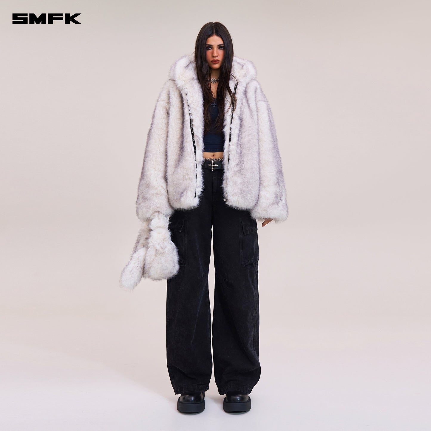 SMFK Compass Mode Wasteland Furry Loose Hoodie Arctic Fox White