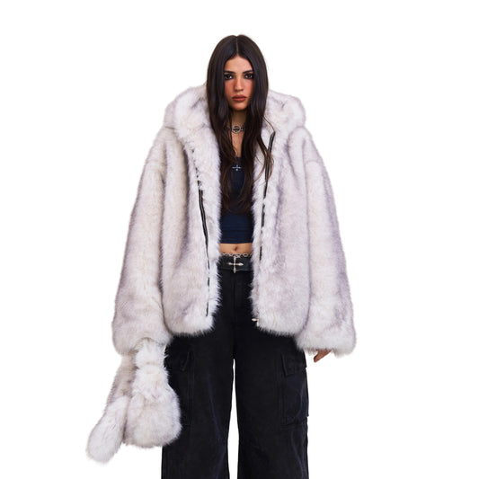 SMFK Compass Mode Wasteland Furry Loose Hoodie Arctic Fox White