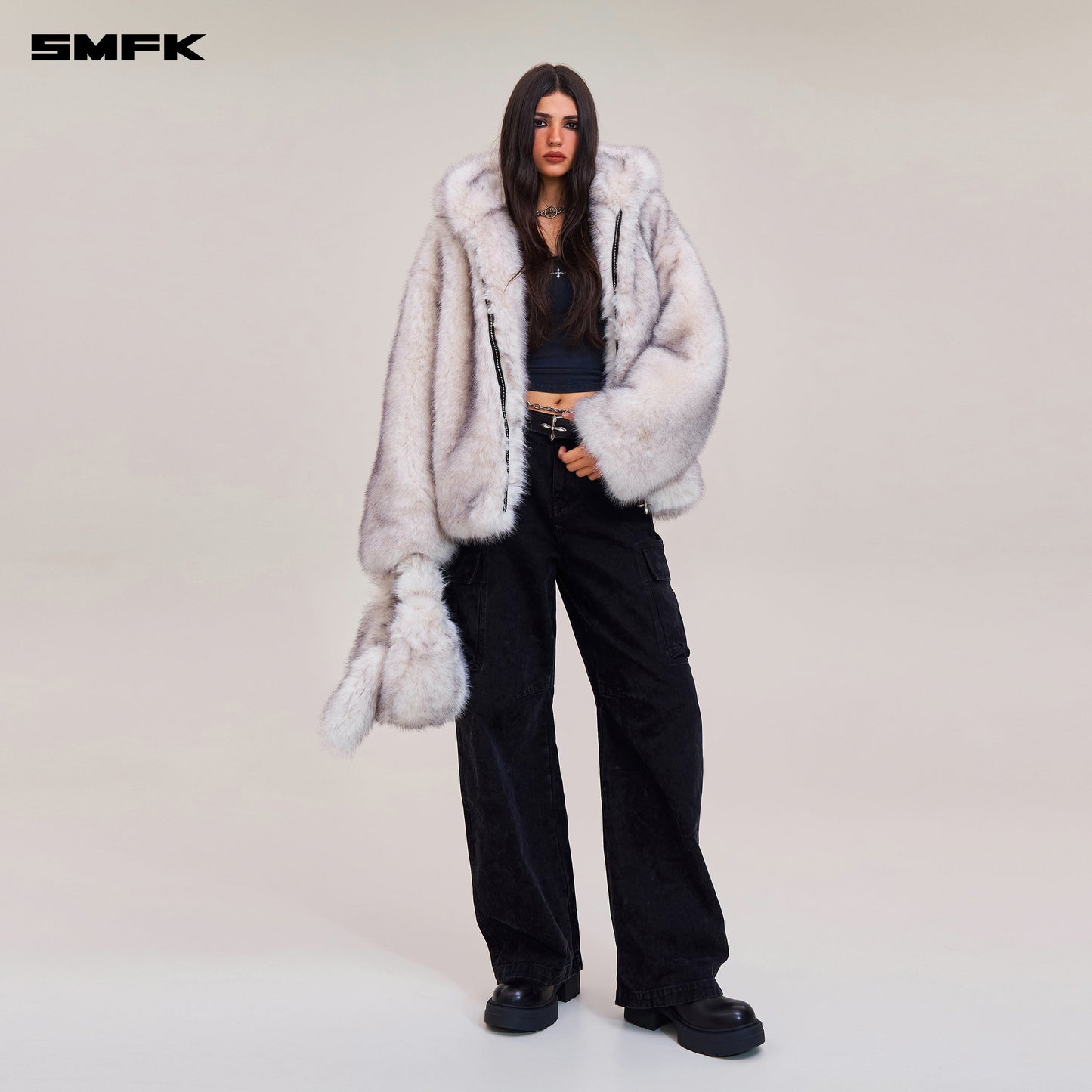 SMFK Compass Mode Wasteland Furry Loose Hoodie Arctic Fox White