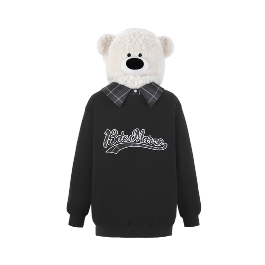 13DE MARZO Bear Zip Fuzzy Hoodie Dark Grey