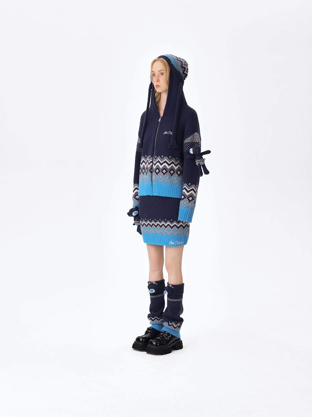 13DE MARZO Fair Isle Bear Cardigan Navy Blue