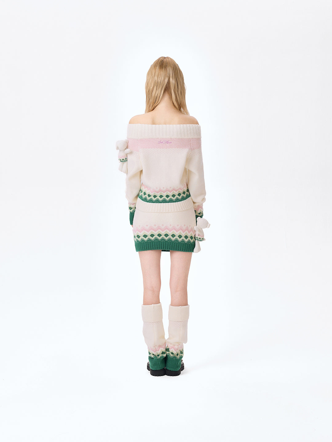 13DE MARZO Fair Isle Bear Knit Dress Beige