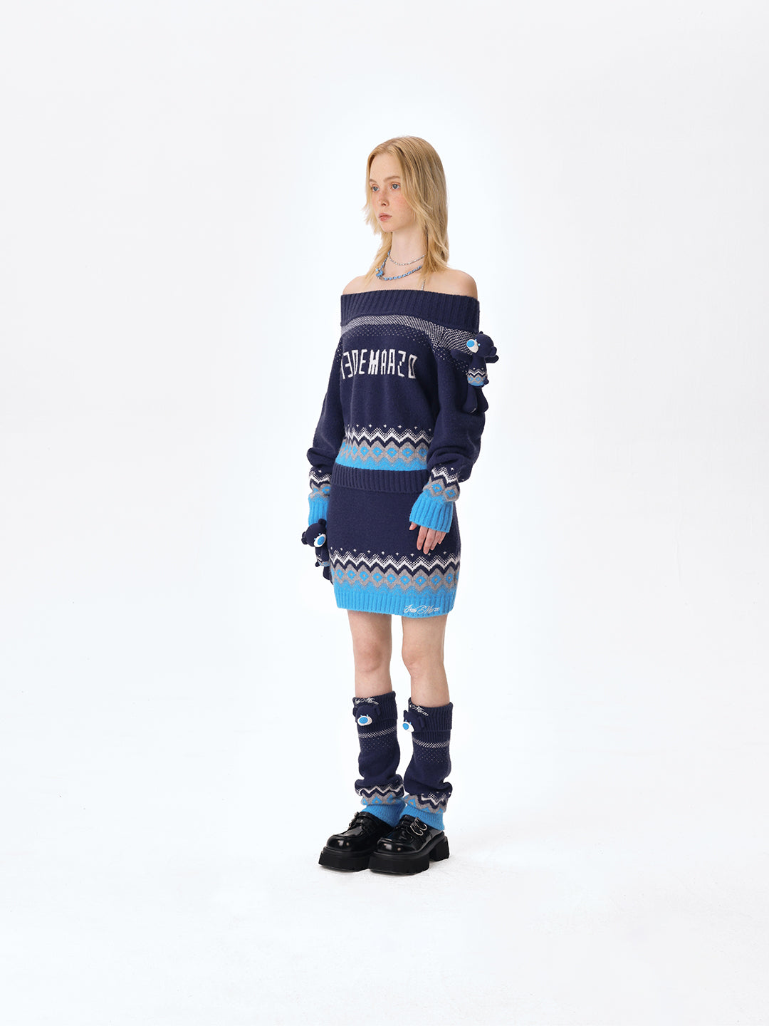 13DE MARZO Fair Isle Bear Knit Dress Navy Blue
