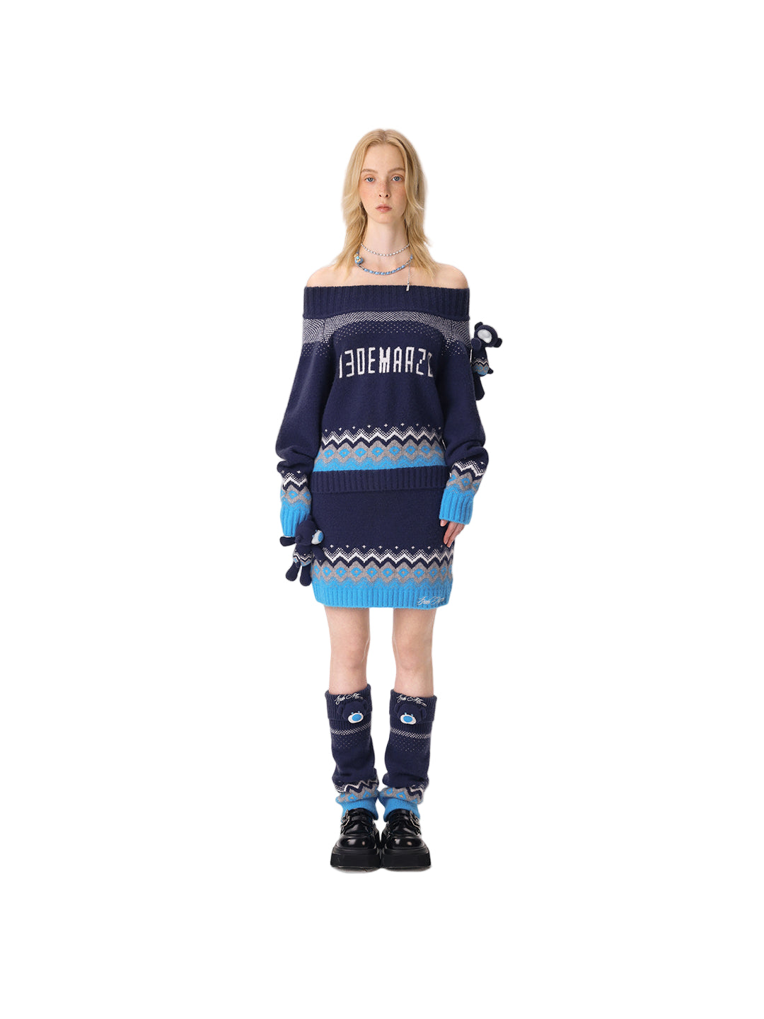 13DE MARZO Fair Isle Bear Knit Dress Navy Blue