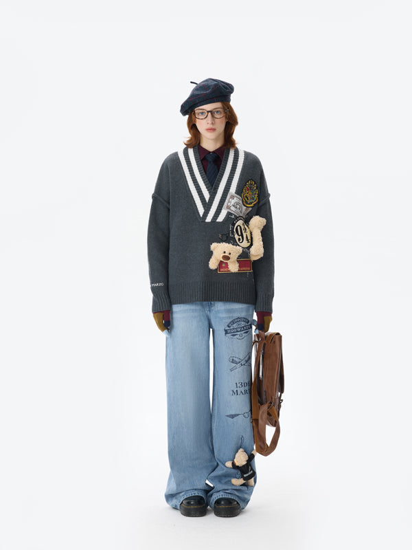 Harry Potter × 13DE MARZO Platform 9¾ Bear V-neck Sweater Grey