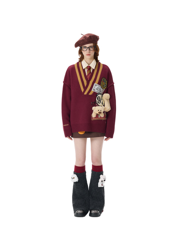 Harry Potter × 13DE MARZO Platform 9¾ Bear V-neck Sweater Red
