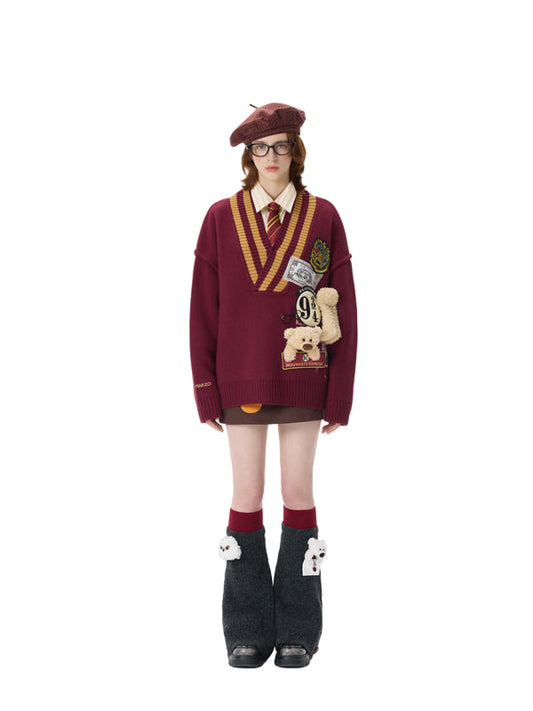 Harry Potter × 13DE MARZO Platform 9¾ Bear V-neck Sweater Red