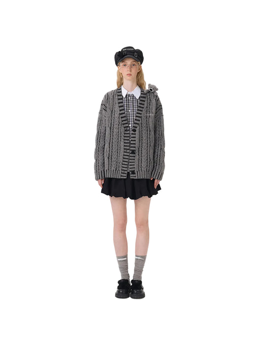 13DE MARZO Bear Yarn Weave Cardigan Dark Grey