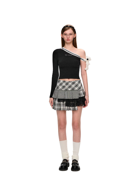 13DE MARZO Asymmetrical Shoulder Knit Long Sleeve Black