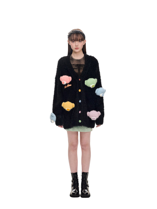 13DE MARZO Doozoo Pastel Bear Cardigan Black