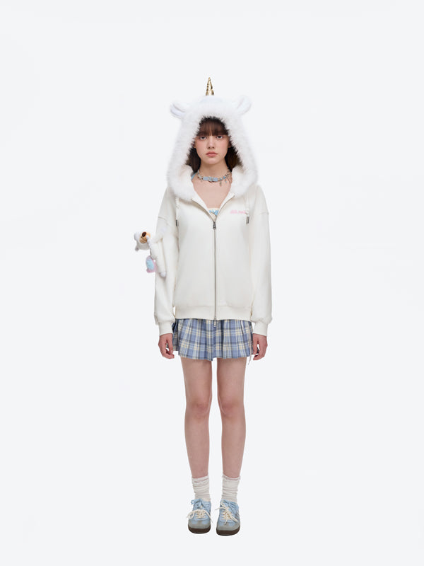 13DE MARZO Unicorn Bear Zipped Hoodie White
