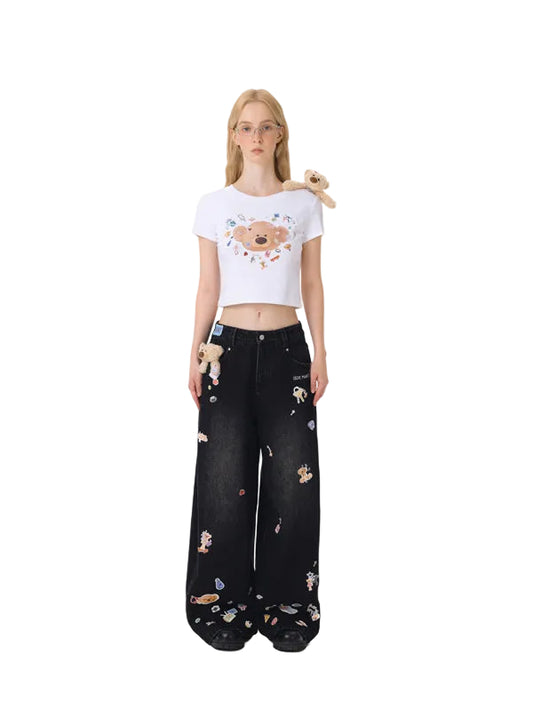 13DE MARZO Bear Stickers Jeans Black
