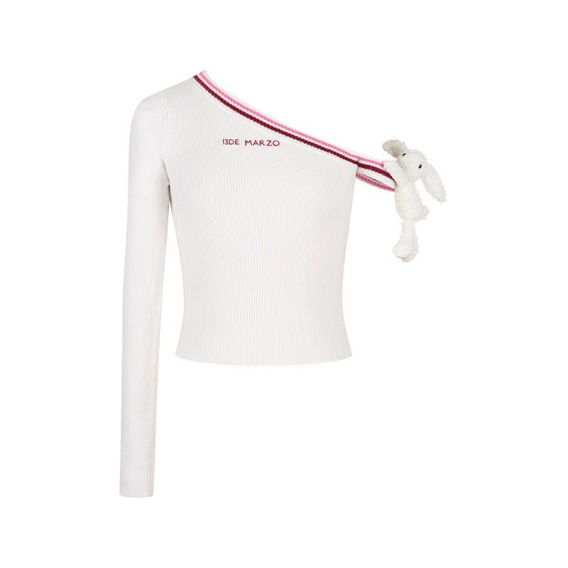 13DE MARZO Asymmetrical Shoulder Knit Long Sleeve White