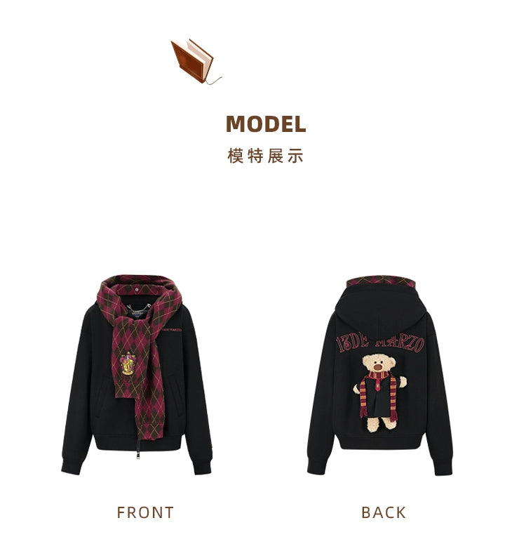 HARRY POTTER × 13DE MARZO Hogwarts Four Houses Bear Zipper Hoodie Black