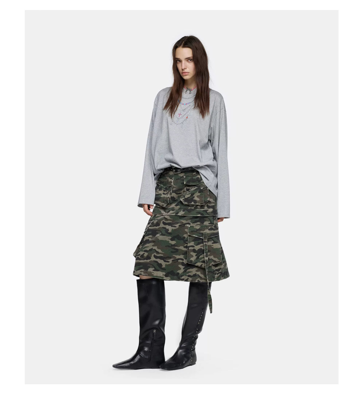 24ANS Layered Necklace Printed Long-Sleeved T-Shirt Grey