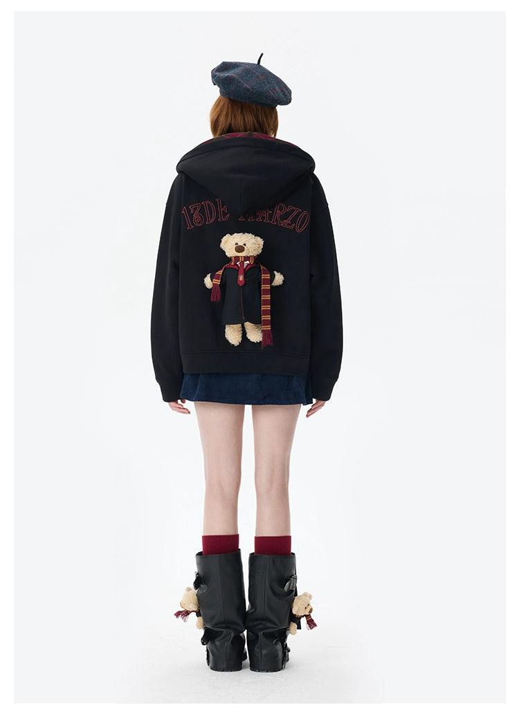 HARRY POTTER × 13DE MARZO Hogwarts Four Houses Bear Zipper Hoodie Black