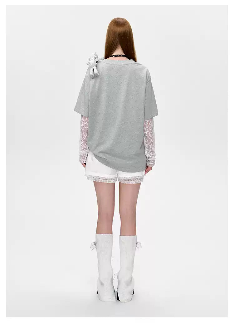 13DE MARZO Bear Layered Lacy T-shirt Grey
