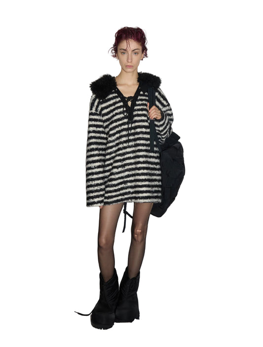 24ANS Soft Fleece Striped T-Shirt In Black And White Stripes