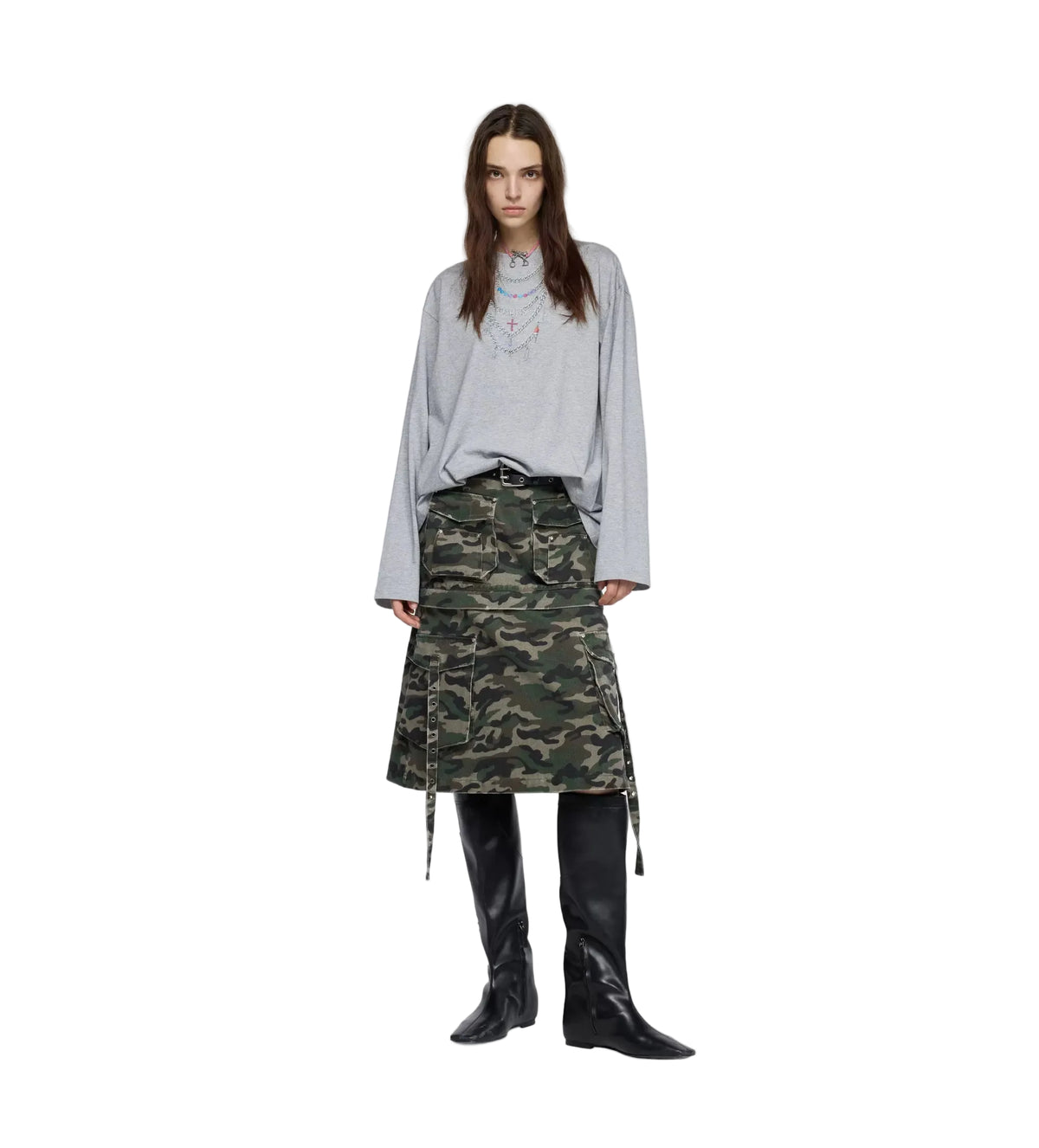 24ANS Layered Necklace Printed Long-Sleeved T-Shirt Grey