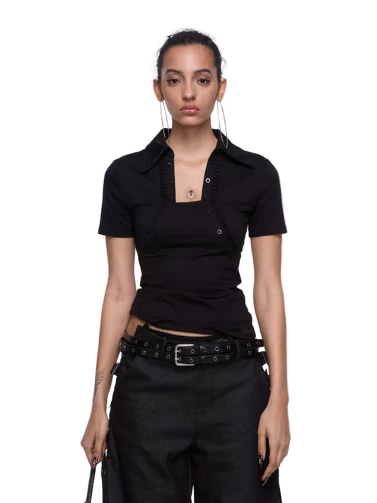 24ANS Backless Letter-Printed Polo-Neck Striped Short-Sleeved T-Shirt With Lace Trim