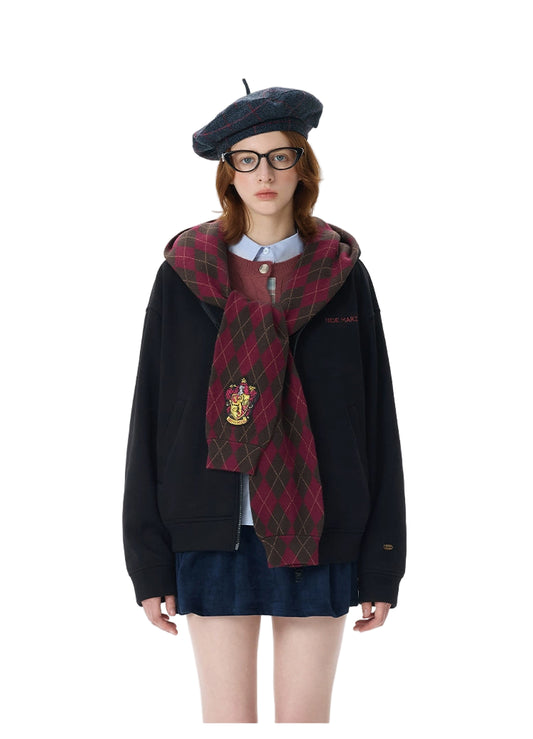 HARRY POTTER × 13DE MARZO Hogwarts Four Houses Bear Zipper Hoodie Black