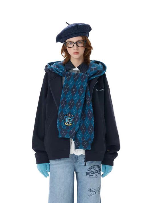 Harry Potter × 13DE MARZO Hogwarts Four Houses Bear Zipper Hoodie Blue