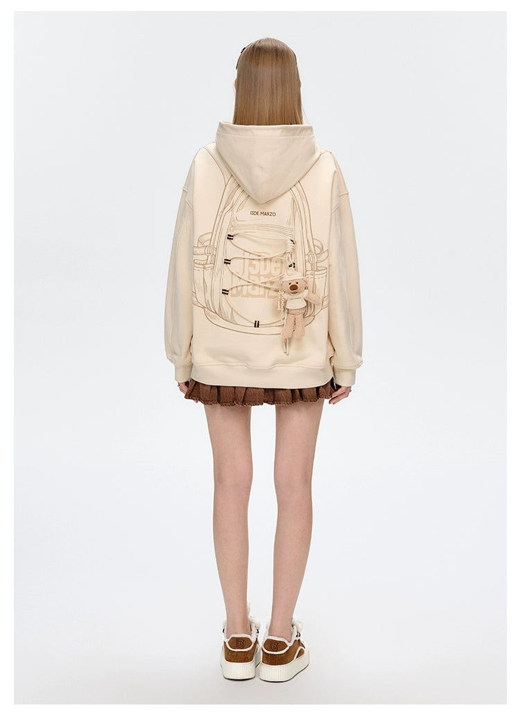 13DE MARZO Bear Backpack Print Hoodie Beige
