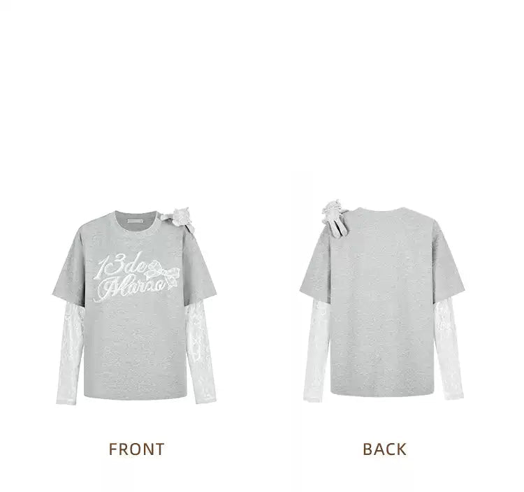 13DE MARZO Bear Layered Lacy T-shirt Grey