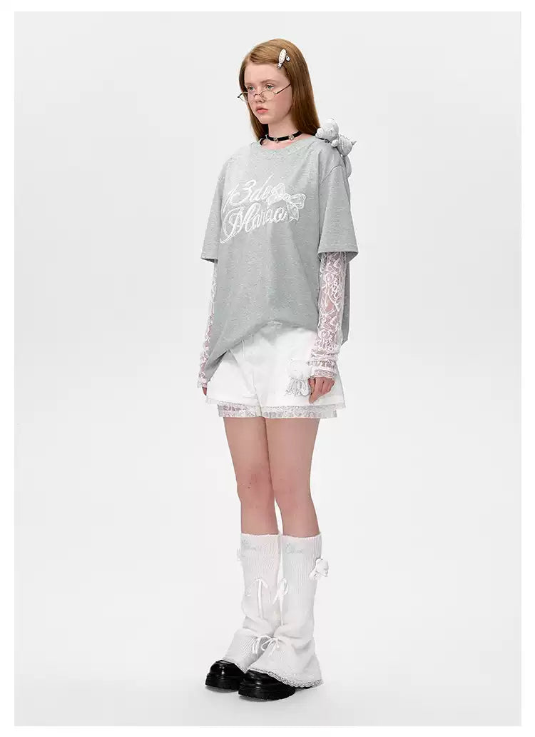 13DE MARZO Bear Layered Lacy T-shirt Grey