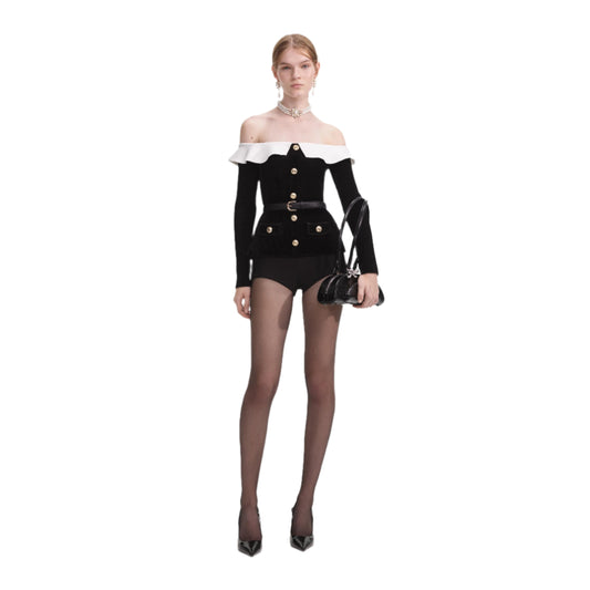 SELF-PORTRAIT Black Chenille Knit Off Shoulder Top