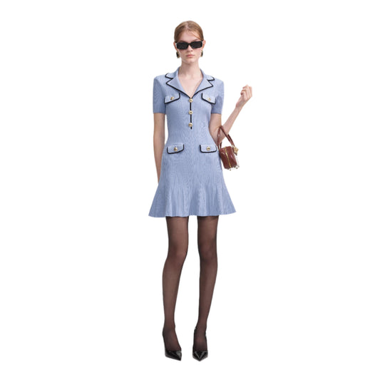 SELF-PORTRAIT Blue Viscose Rib Knit - Mini Dress