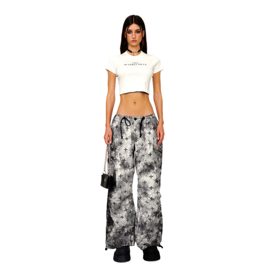 SMFK Compass Ink Garden Tie-Dye Hunting Paratrooper Pants Black and White