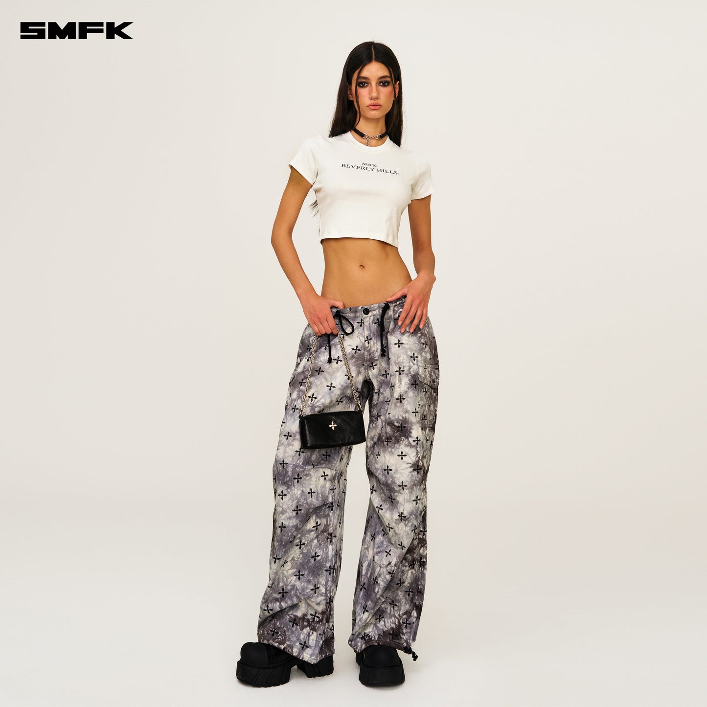 SMFK Compass Ink Garden Tie-Dye Hunting Paratrooper Pants Black and White