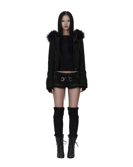 BONEIENKIYE Eyelet Short Pants Washed Black