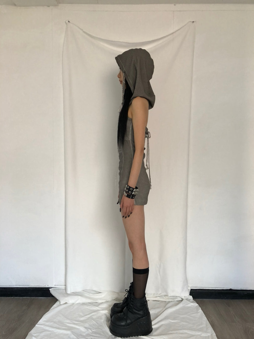 BONEIENKIYE Washing Hoodie Mini Dress