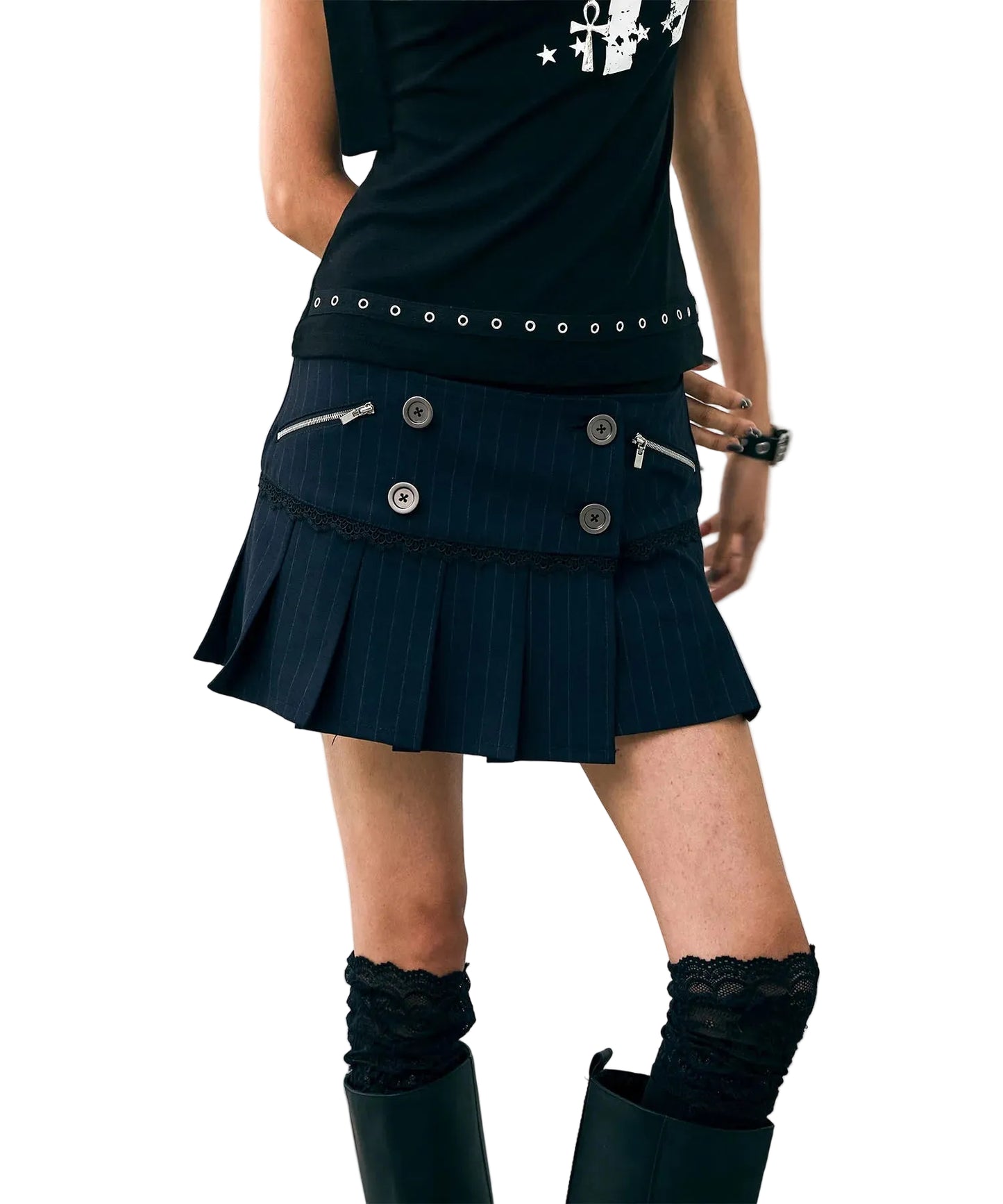 NOTKNOWING Double Button Pleated Skirt Pin Navy