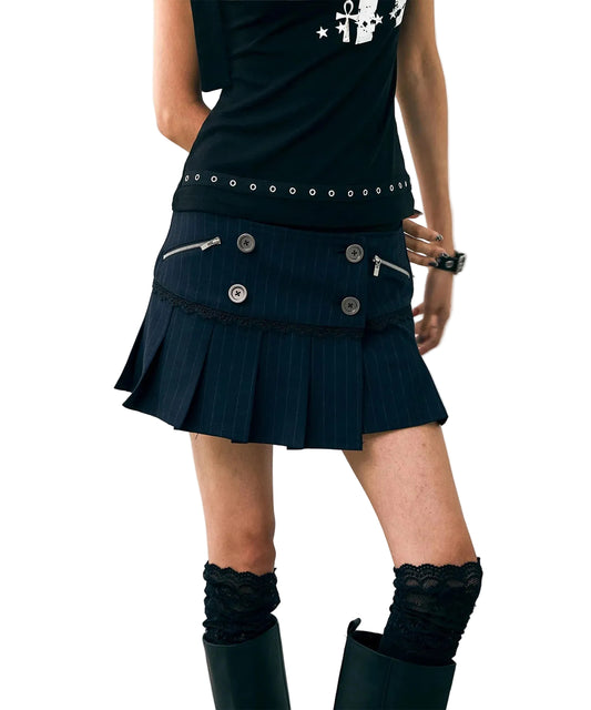 NOTKNOWING Double Button Pleated Skirt Pin Navy