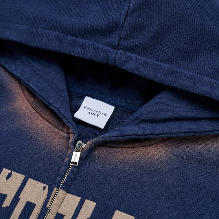 ADLV Front Full Logo Spray Washing Hoodie Zip Up Navy