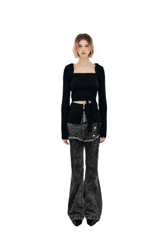 YUSE Glitter Cut Out Strap Knit Top Black