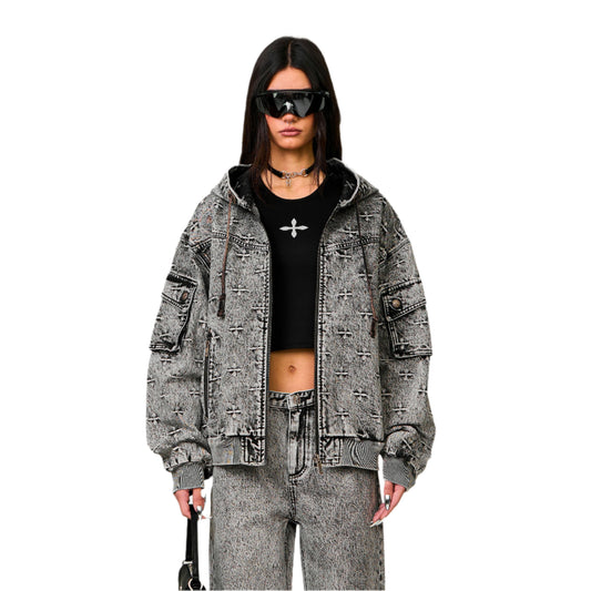 SMFK Compass Storm Garden Oversize Denim Hoodie Gray