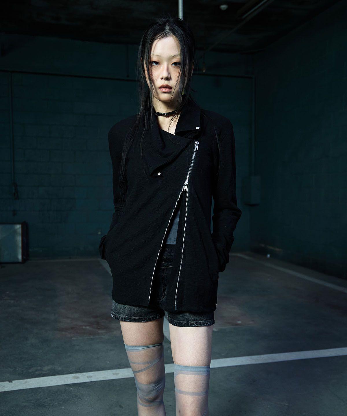 NOTKNOWING Drape Collar Zip Up Black