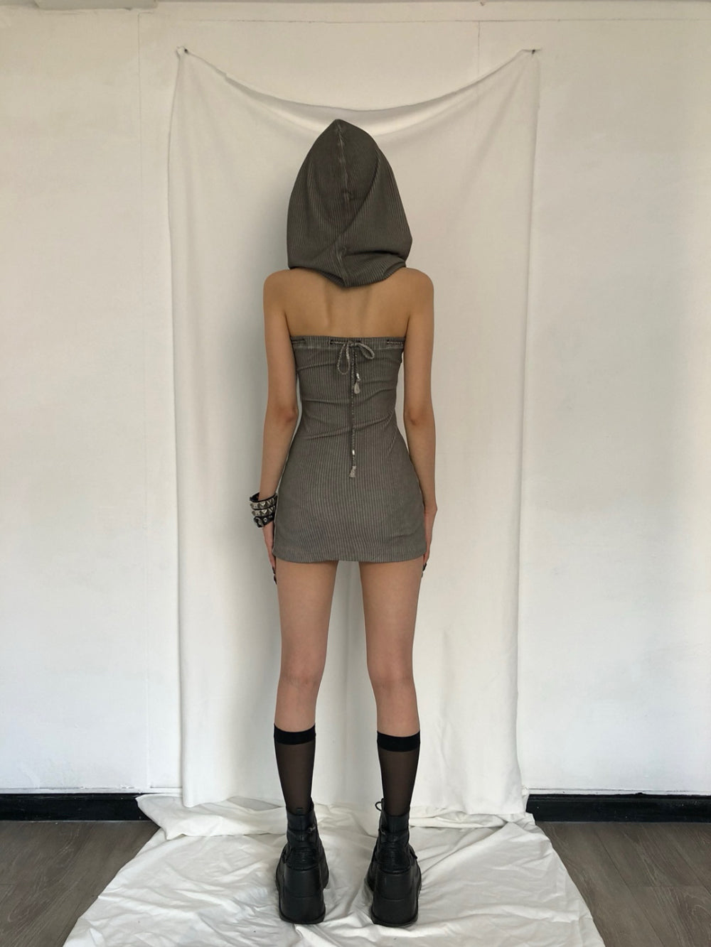 BONEIENKIYE Washing Hoodie Mini Dress