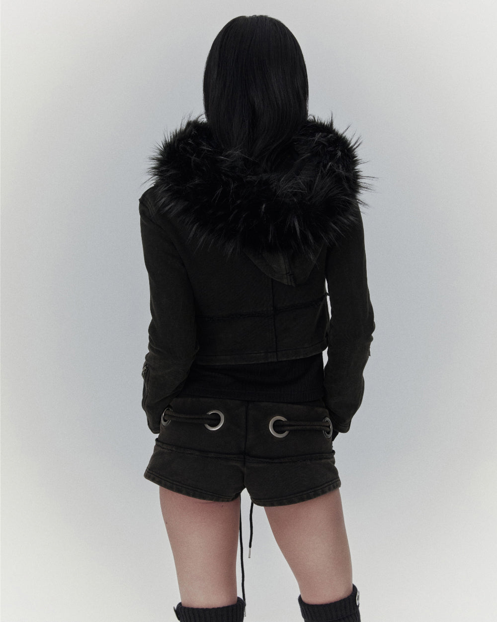 BONEIENKIYE Eyelet Short Pants Washed Black