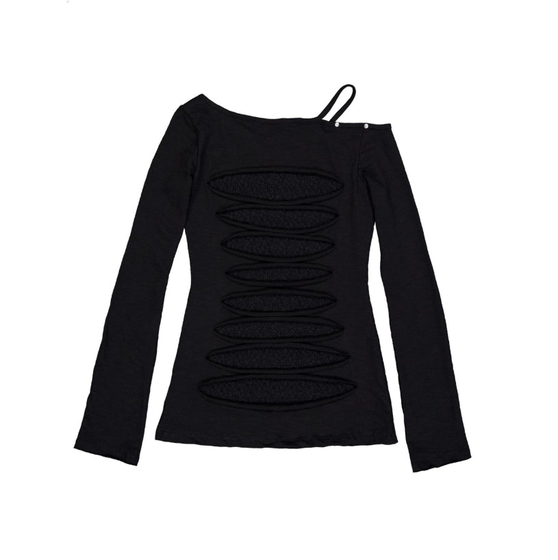 NOTKNOWING Destroyed Back Lace Top Black