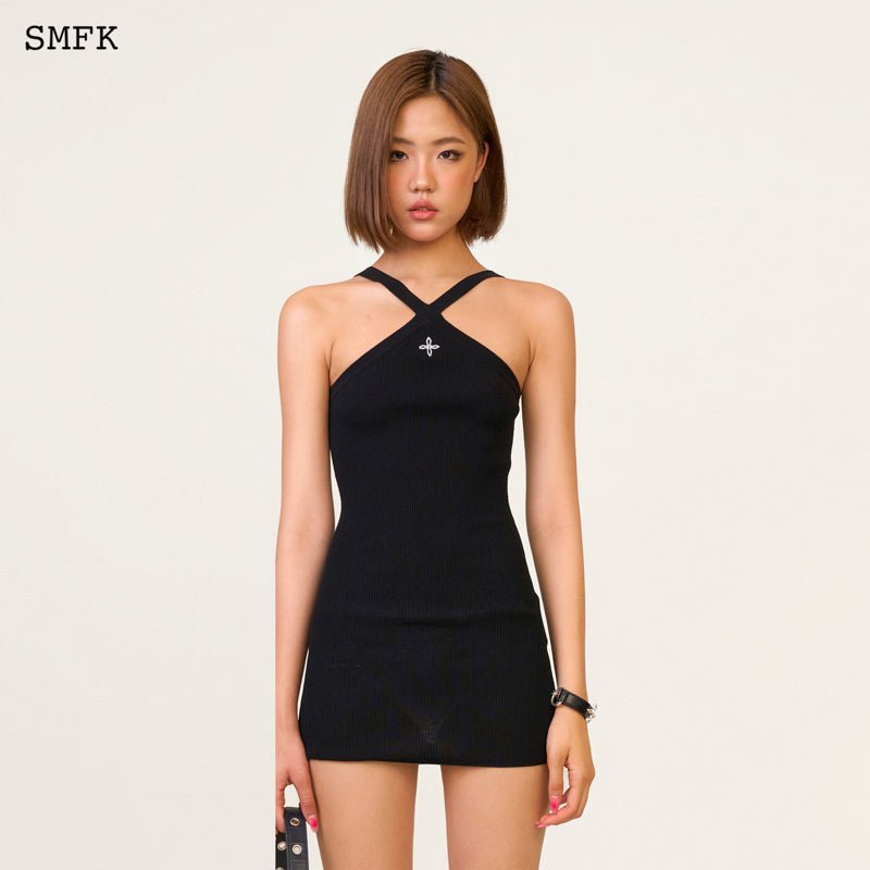 SMFK Temple Dragon Traditional Halter-Neck Knitted Dress Black