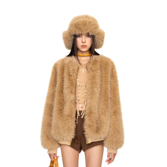 SMFK WildWorld Baseball Faux Fur Jacket In Wheat