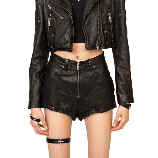 SMFK Wild World Rider Motorcycle Washed Sheepskin Shorts Black