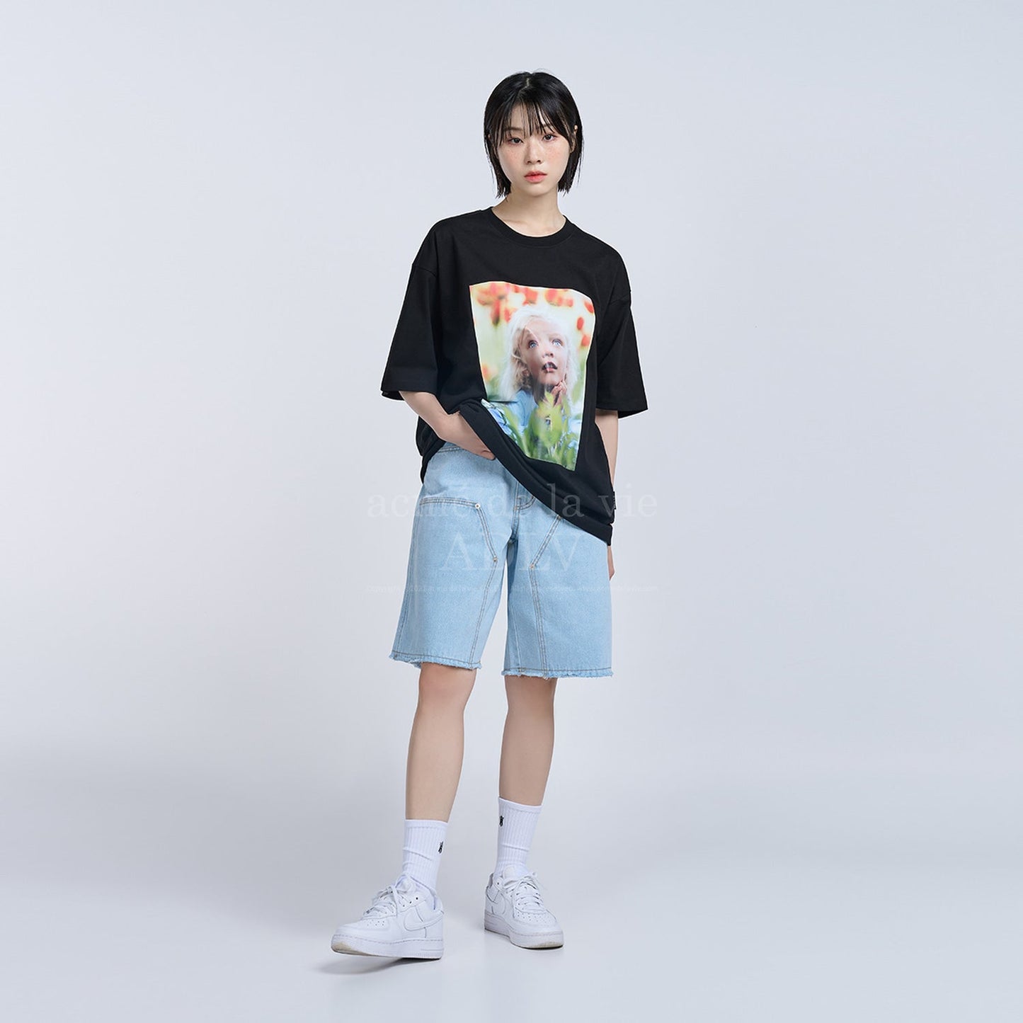 ADLV Baby Face Flower Garden Girl Short Sleeve T-shirt Black