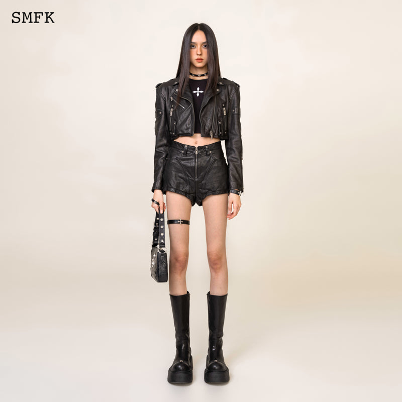SMFK Wild World Rider Motorcycle Washed Sheepskin Shorts Black