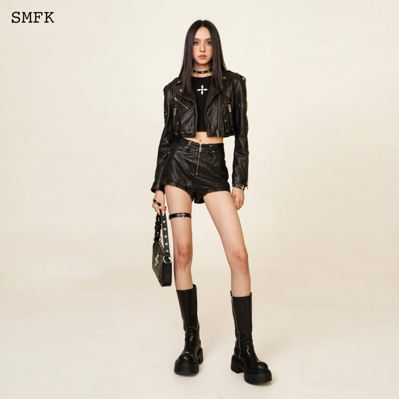 SMFK Wild World Rider Motorcycle Washed Sheepskin Shorts Black